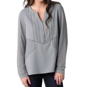 BKE Gray Sheer Silky Henley Tunic Sz S Embellished Gem Buttons Crochet Insets